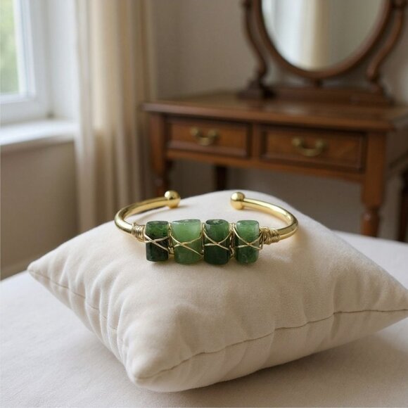 Jade 4-Stone Wire Wrap Cuff โ 14Kt Gold Over Copper โ Wisdom & Balance Talisman - Picture 11 of 11